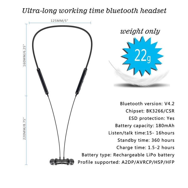 W7 Neck-Mounted Wireless Bluetooth 4.2 Sports Earphone with Magnetic & Wired Control Function