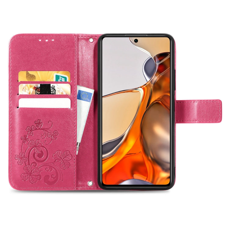 For Xiaomi Mi 11T / 11T Pro Four-leaf Clasp Embossed Leather Case with Lanyard & Card Slot & Wallet & Holder