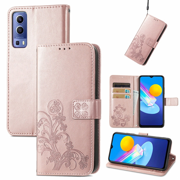 For vivo Y72 5G Four-leaf Clasp Embossed Leather Case with Lanyard & Card Slot & Wallet & Holder