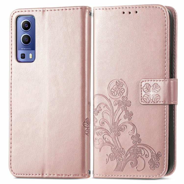 For vivo Y72 5G Four-leaf Clasp Embossed Leather Case with Lanyard & Card Slot & Wallet & Holder