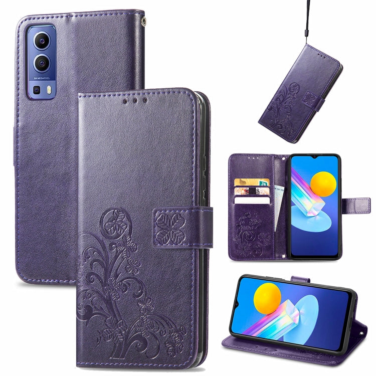 For vivo Y72 5G Four-leaf Clasp Embossed Leather Case with Lanyard & Card Slot & Wallet & Holder