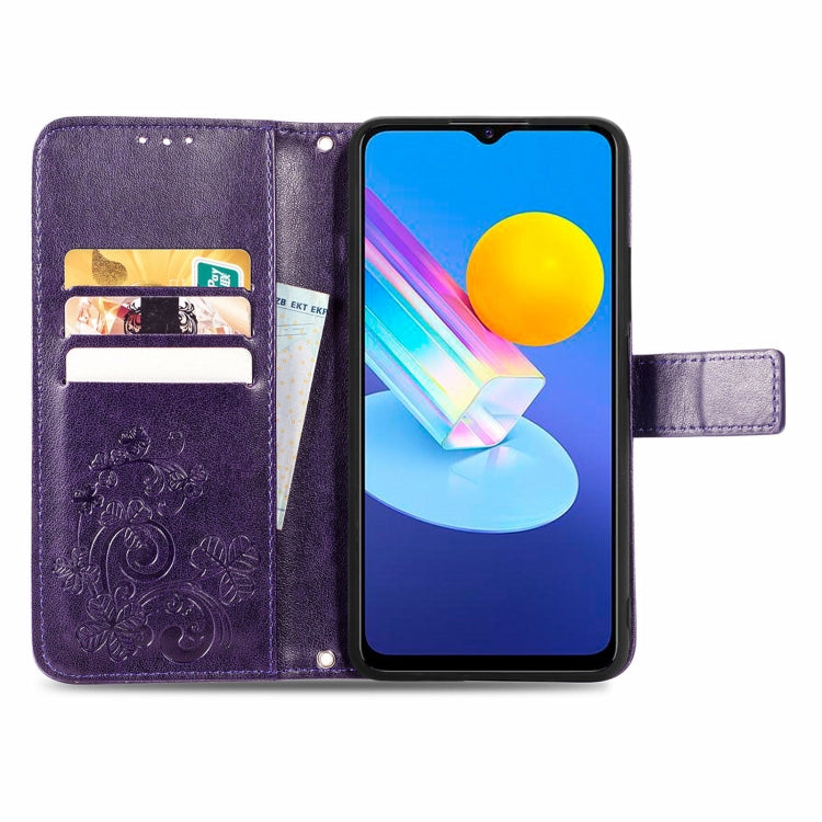 For vivo Y72 5G Four-leaf Clasp Embossed Leather Case with Lanyard & Card Slot & Wallet & Holder