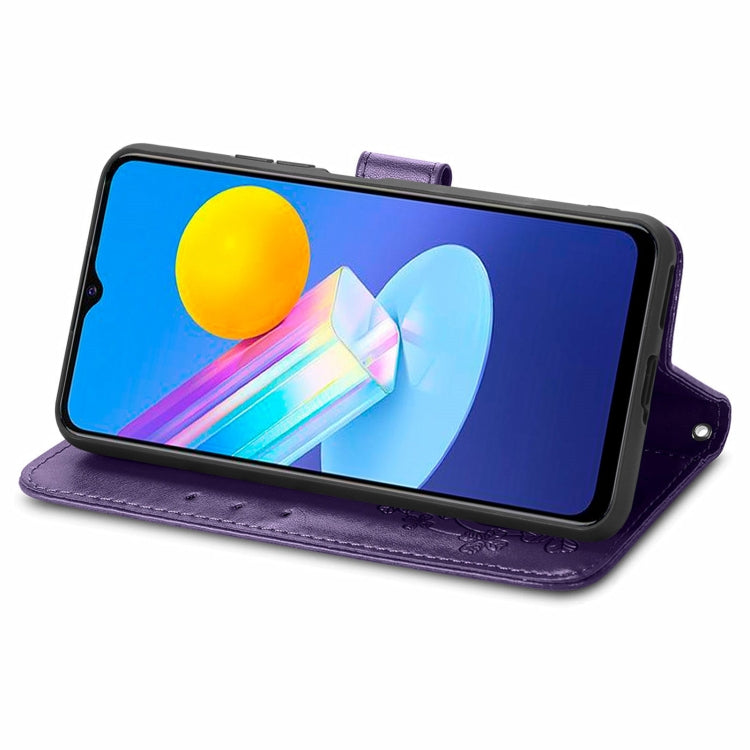 For vivo Y72 5G Four-leaf Clasp Embossed Leather Case with Lanyard & Card Slot & Wallet & Holder