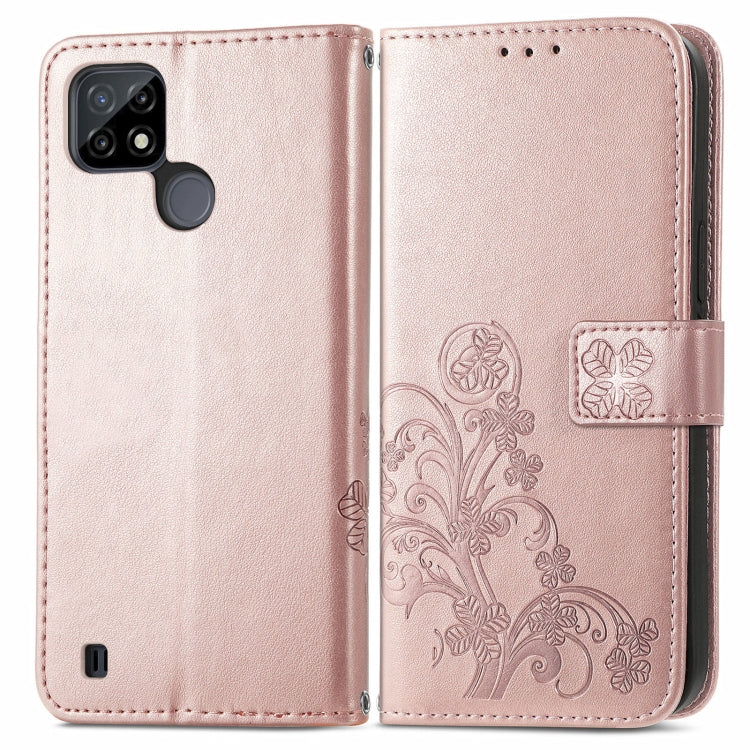 For OPPO Realme C21Y Four-leaf Clasp Embossed Leather Case with Lanyard & Card Slot & Wallet & Holder