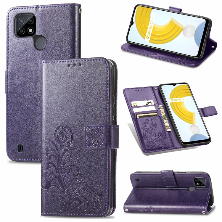For OPPO Realme C21Y Four-leaf Clasp Embossed Leather Case with Lanyard & Card Slot & Wallet & Holder