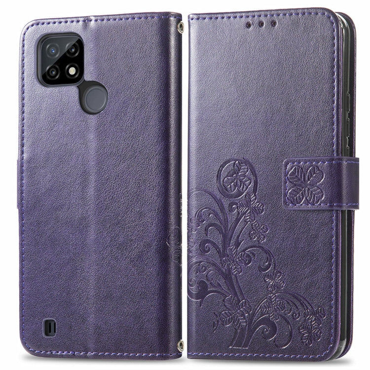 For OPPO Realme C21Y Four-leaf Clasp Embossed Leather Case with Lanyard & Card Slot & Wallet & Holder