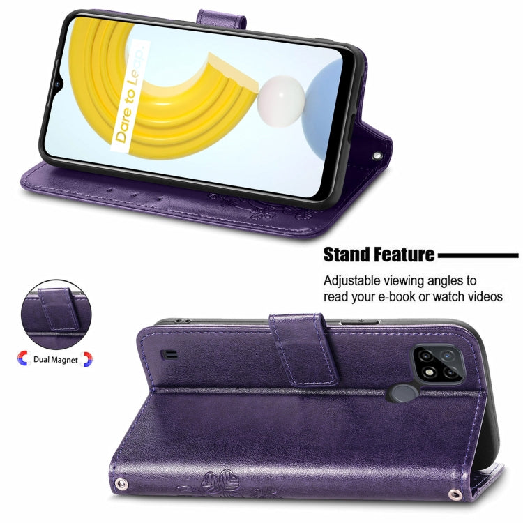 For OPPO Realme C21Y Four-leaf Clasp Embossed Leather Case with Lanyard & Card Slot & Wallet & Holder