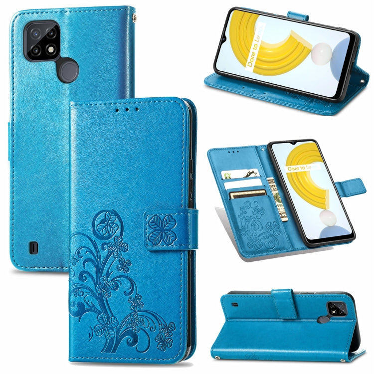 For OPPO Realme C21Y Four-leaf Clasp Embossed Leather Case with Lanyard & Card Slot & Wallet & Holder