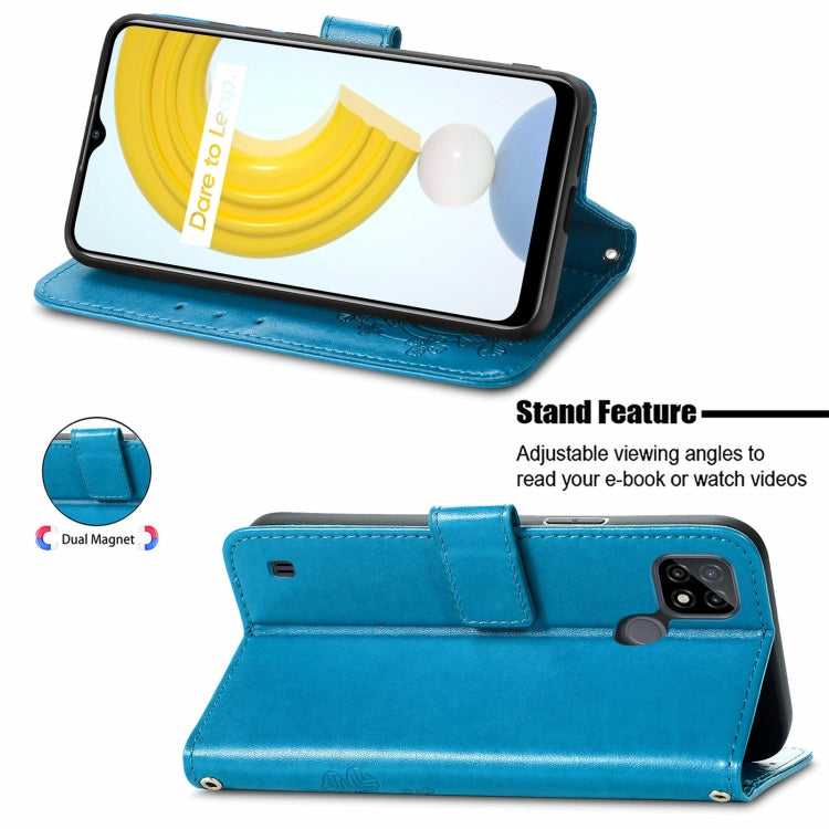 For OPPO Realme C21Y Four-leaf Clasp Embossed Leather Case with Lanyard & Card Slot & Wallet & Holder