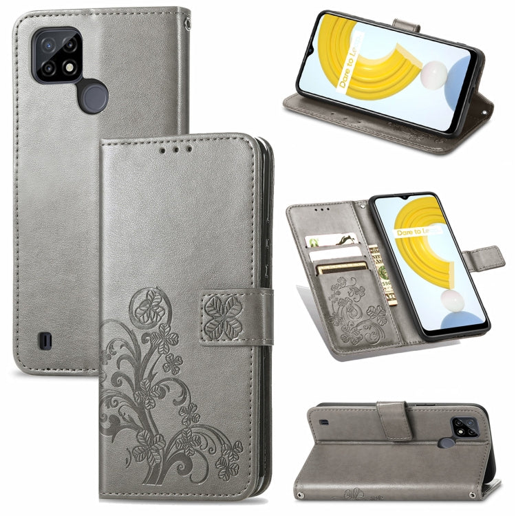 For OPPO Realme C21Y Four-leaf Clasp Embossed Leather Case with Lanyard & Card Slot & Wallet & Holder