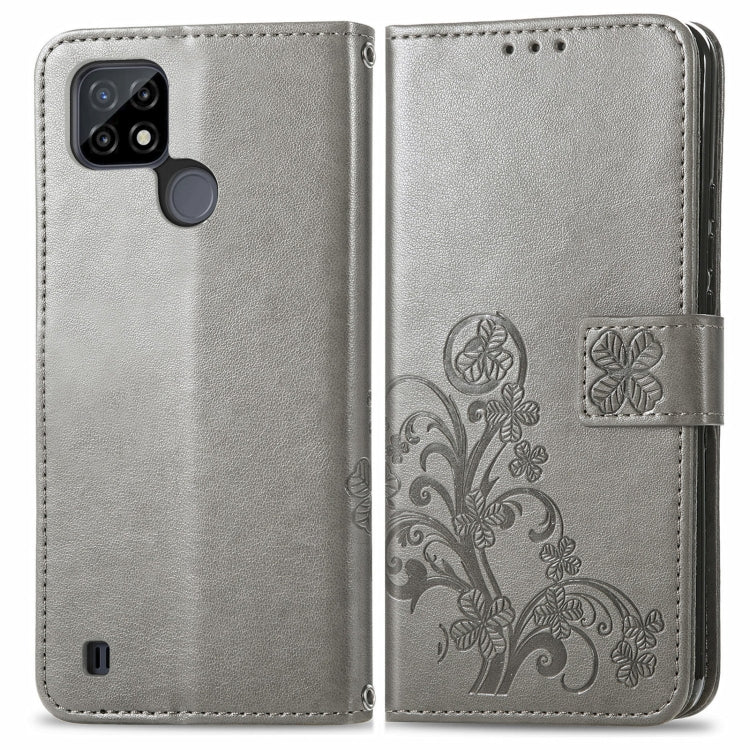 For OPPO Realme C21Y Four-leaf Clasp Embossed Leather Case with Lanyard & Card Slot & Wallet & Holder