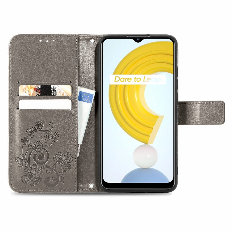 For OPPO Realme C21Y Four-leaf Clasp Embossed Leather Case with Lanyard & Card Slot & Wallet & Holder