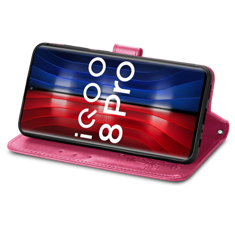 For vivo IQOO 8 Pro Four-leaf Clasp Embossed Leather Case with Lanyard & Card Slot & Wallet & Holder