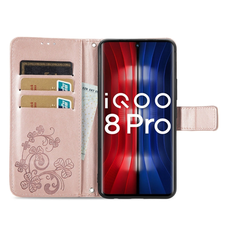 For vivo IQOO 8 Pro Four-leaf Clasp Embossed Leather Case with Lanyard & Card Slot & Wallet & Holder