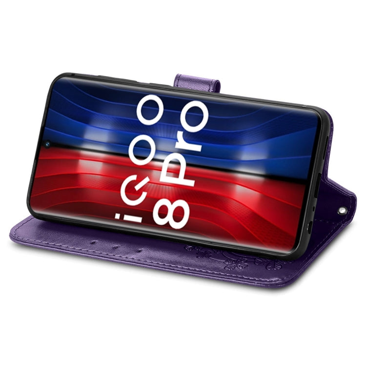 For vivo IQOO 8 Pro Four-leaf Clasp Embossed Leather Case with Lanyard & Card Slot & Wallet & Holder