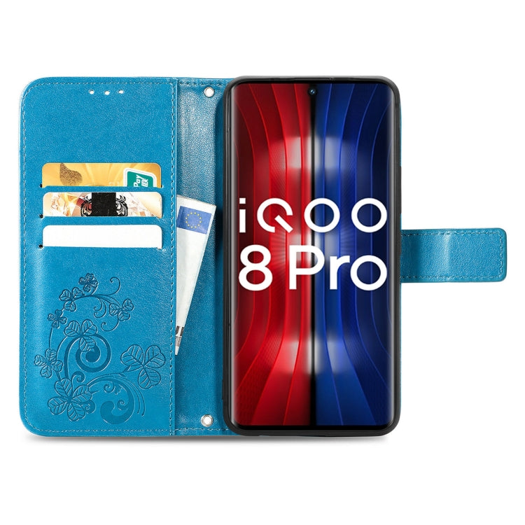 For vivo IQOO 8 Pro Four-leaf Clasp Embossed Leather Case with Lanyard & Card Slot & Wallet & Holder
