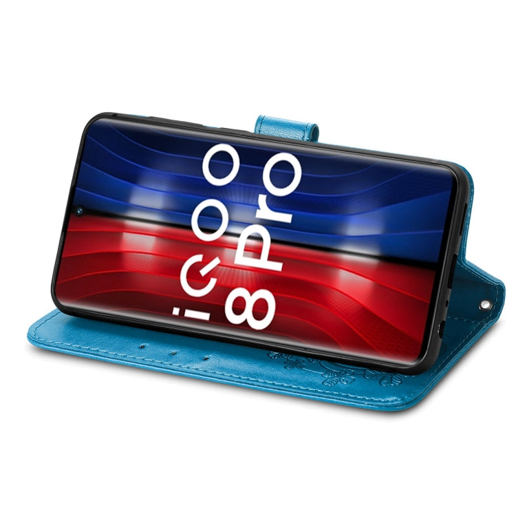 For vivo IQOO 8 Pro Four-leaf Clasp Embossed Leather Case with Lanyard & Card Slot & Wallet & Holder