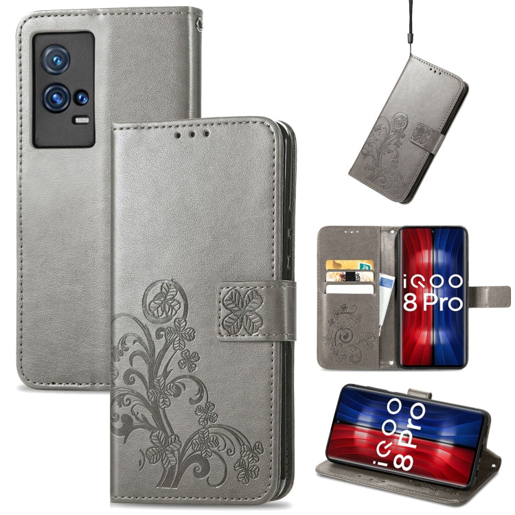 For vivo IQOO 8 Pro Four-leaf Clasp Embossed Leather Case with Lanyard & Card Slot & Wallet & Holder