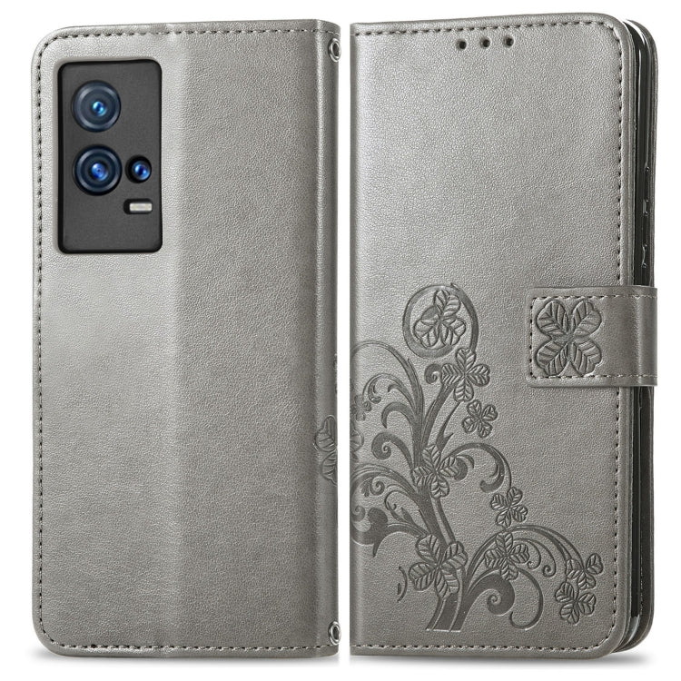 For vivo IQOO 8 Pro Four-leaf Clasp Embossed Leather Case with Lanyard & Card Slot & Wallet & Holder