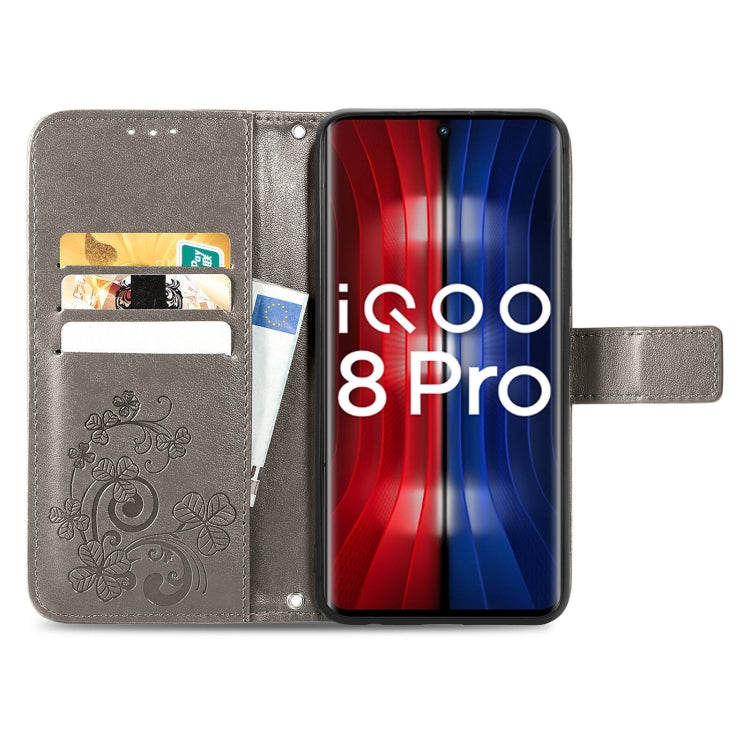 For vivo IQOO 8 Pro Four-leaf Clasp Embossed Leather Case with Lanyard & Card Slot & Wallet & Holder