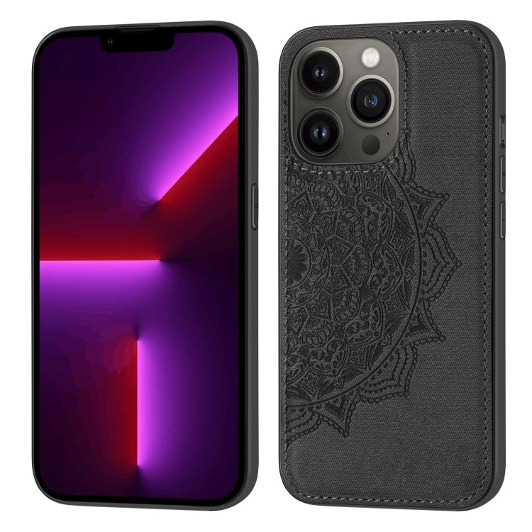 For iPhone 13 Pro Max Mandala Embossed Cloth Cover PC + TPU Case with Magnetic Function and Hand Strap
