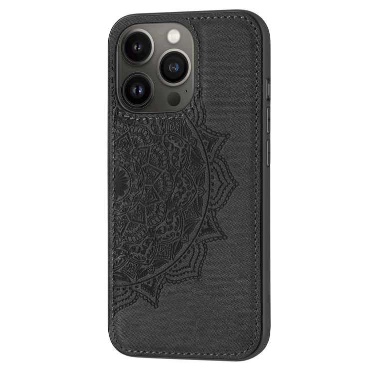 For iPhone 13 Pro Max Mandala Embossed Cloth Cover PC + TPU Case with Magnetic Function and Hand Strap