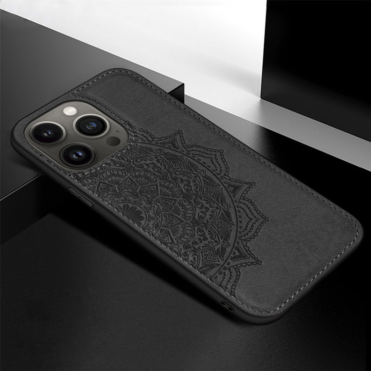 For iPhone 13 Pro Max Mandala Embossed Cloth Cover PC + TPU Case with Magnetic Function and Hand Strap