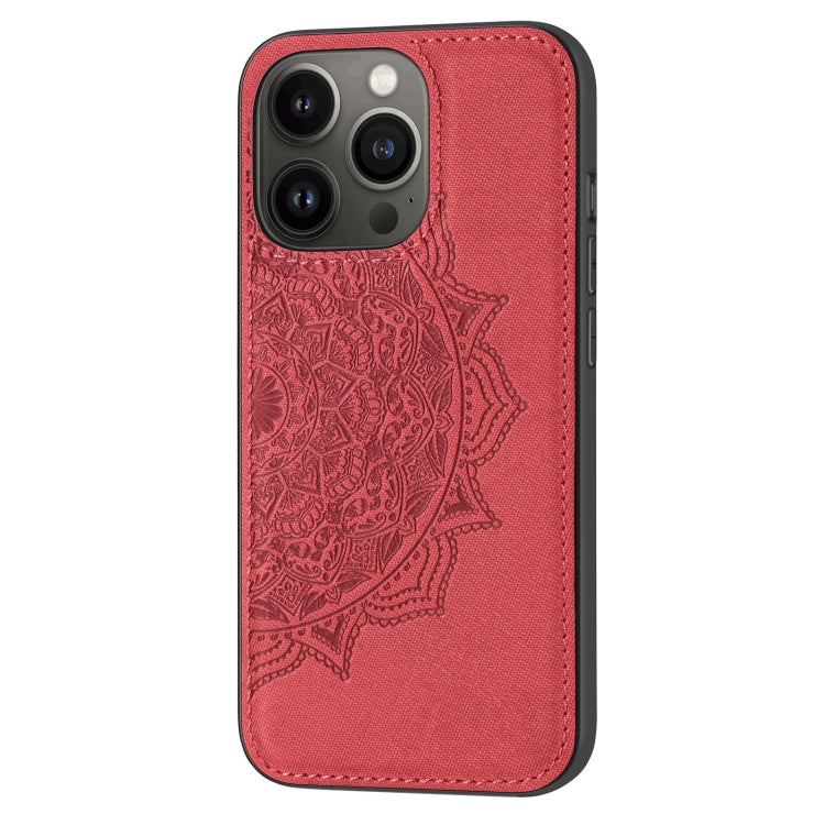 For iPhone 13 Pro Max Mandala Embossed Cloth Cover PC + TPU Case with Magnetic Function and Hand Strap