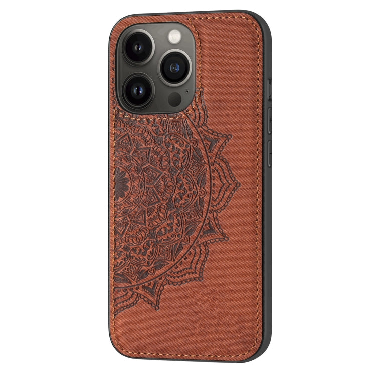 For iPhone 13 Pro Max Mandala Embossed Cloth Cover PC + TPU Case with Magnetic Function and Hand Strap