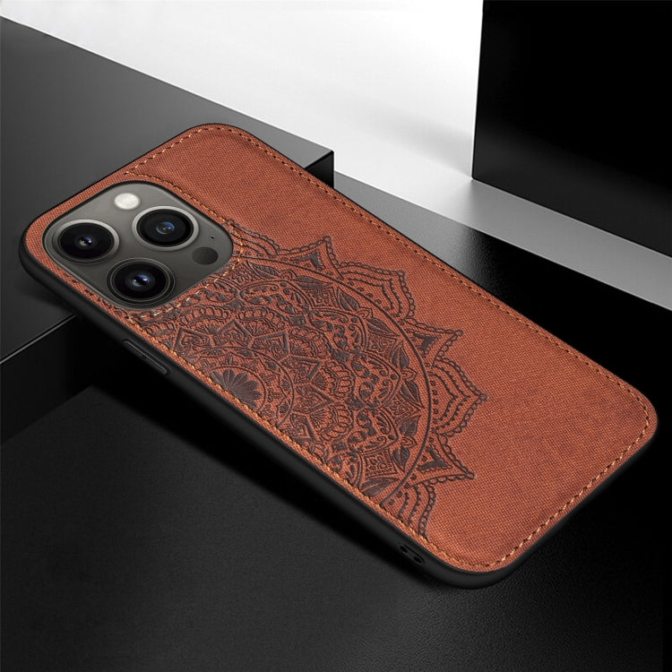 For iPhone 13 Pro Max Mandala Embossed Cloth Cover PC + TPU Case with Magnetic Function and Hand Strap