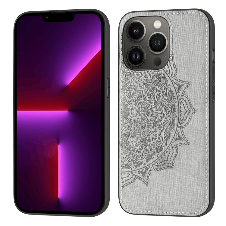 For iPhone 13 Pro Max Mandala Embossed Cloth Cover PC + TPU Case with Magnetic Function and Hand Strap