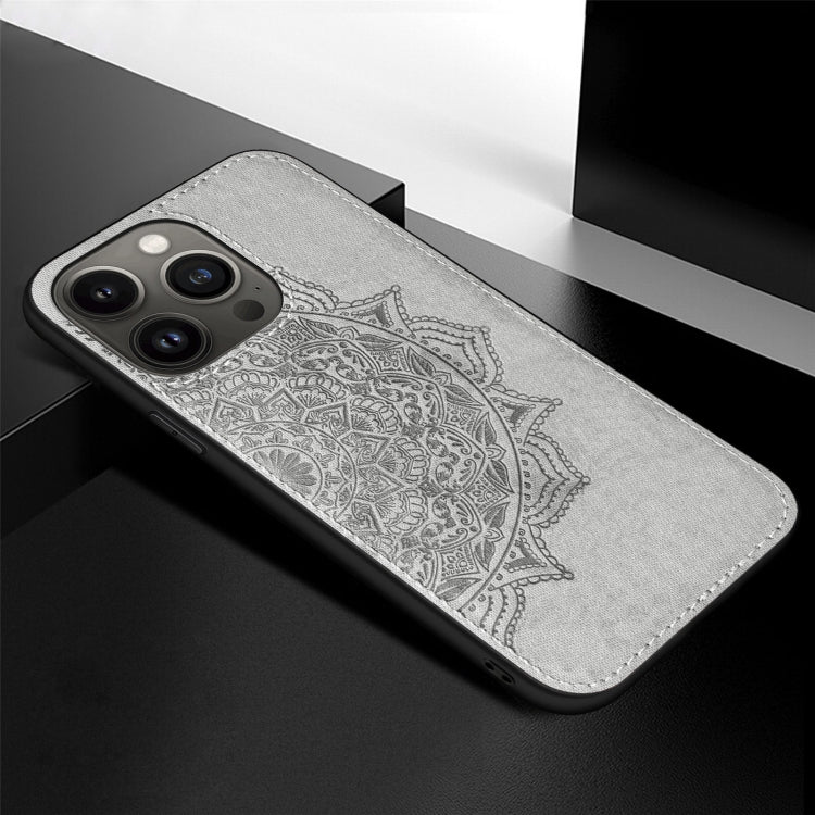 For iPhone 13 Pro Max Mandala Embossed Cloth Cover PC + TPU Case with Magnetic Function and Hand Strap