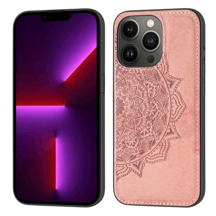 For iPhone 13 Pro Mandala Embossed Cloth Cover PC + TPU Case with Magnetic Function and Hand Strap