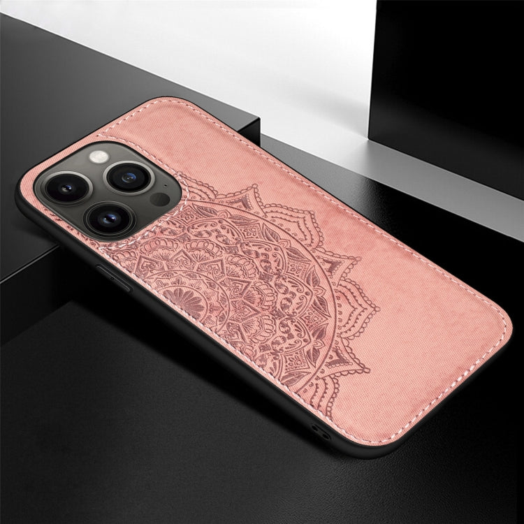 For iPhone 13 Pro Mandala Embossed Cloth Cover PC + TPU Case with Magnetic Function and Hand Strap