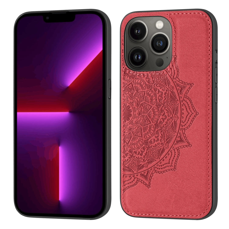 For iPhone 13 Pro Mandala Embossed Cloth Cover PC + TPU Case with Magnetic Function and Hand Strap