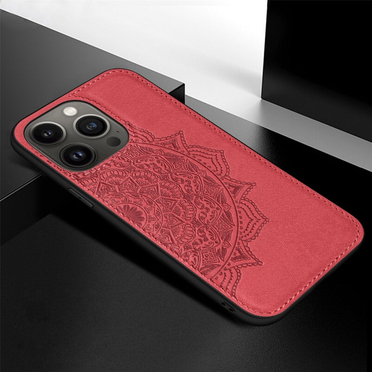 For iPhone 13 Pro Mandala Embossed Cloth Cover PC + TPU Case with Magnetic Function and Hand Strap
