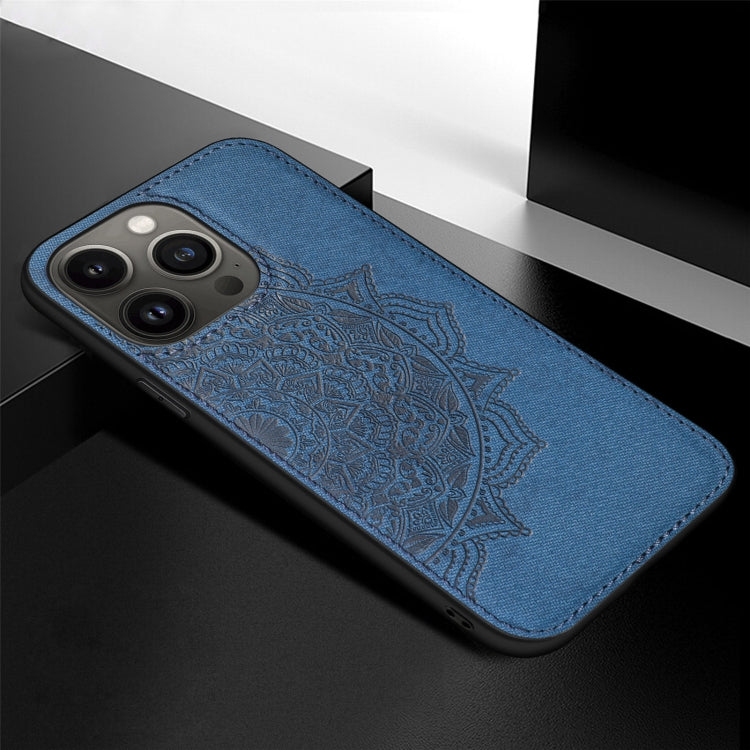 For iPhone 13 Pro Mandala Embossed Cloth Cover PC + TPU Case with Magnetic Function and Hand Strap