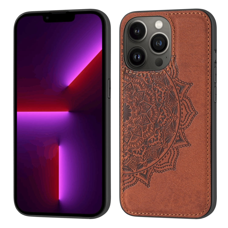 For iPhone 13 Pro Mandala Embossed Cloth Cover PC + TPU Case with Magnetic Function and Hand Strap