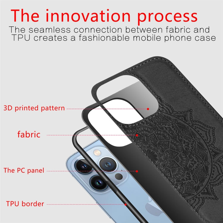 For iPhone 13 Pro Mandala Embossed Cloth Cover PC + TPU Case with Magnetic Function and Hand Strap