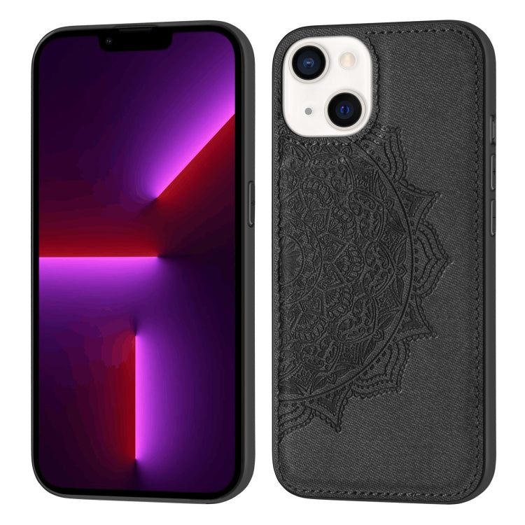 For iPhone 13 Mandala Embossed Cloth Cover PC + TPU Case with Magnetic Function and Hand Strap