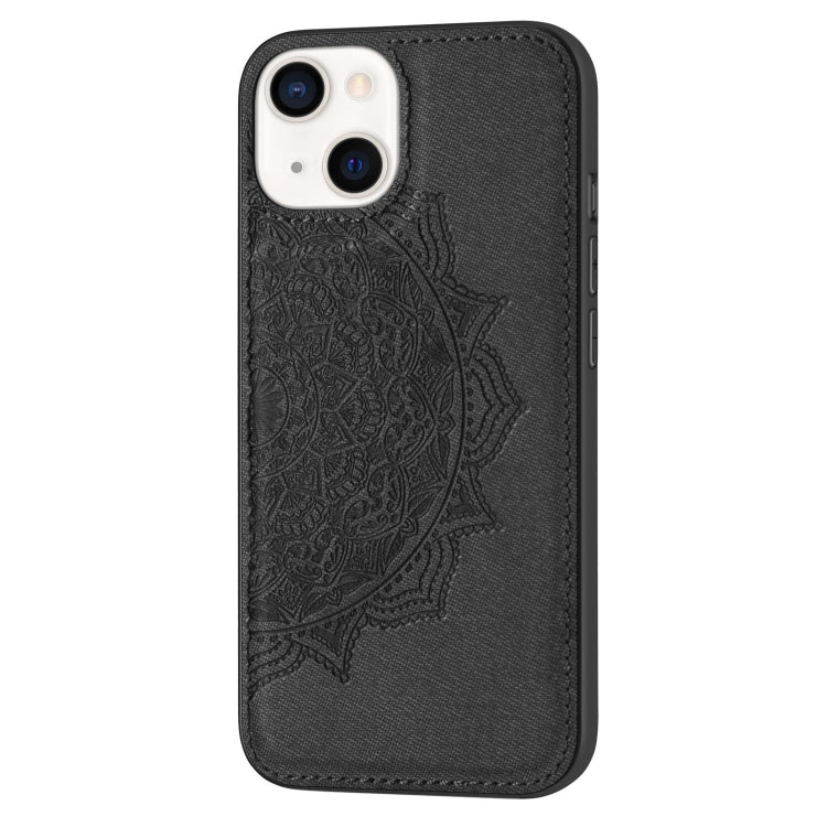 For iPhone 13 Mandala Embossed Cloth Cover PC + TPU Case with Magnetic Function and Hand Strap