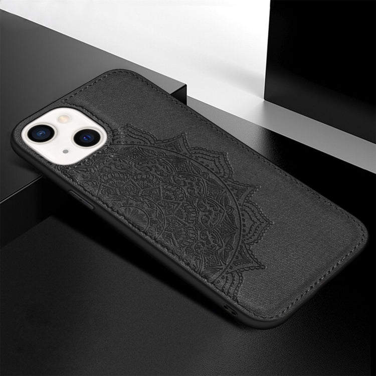 For iPhone 13 Mandala Embossed Cloth Cover PC + TPU Case with Magnetic Function and Hand Strap