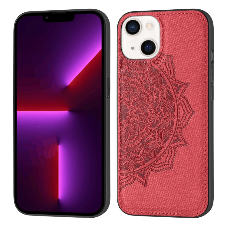 For iPhone 13 Mandala Embossed Cloth Cover PC + TPU Case with Magnetic Function and Hand Strap