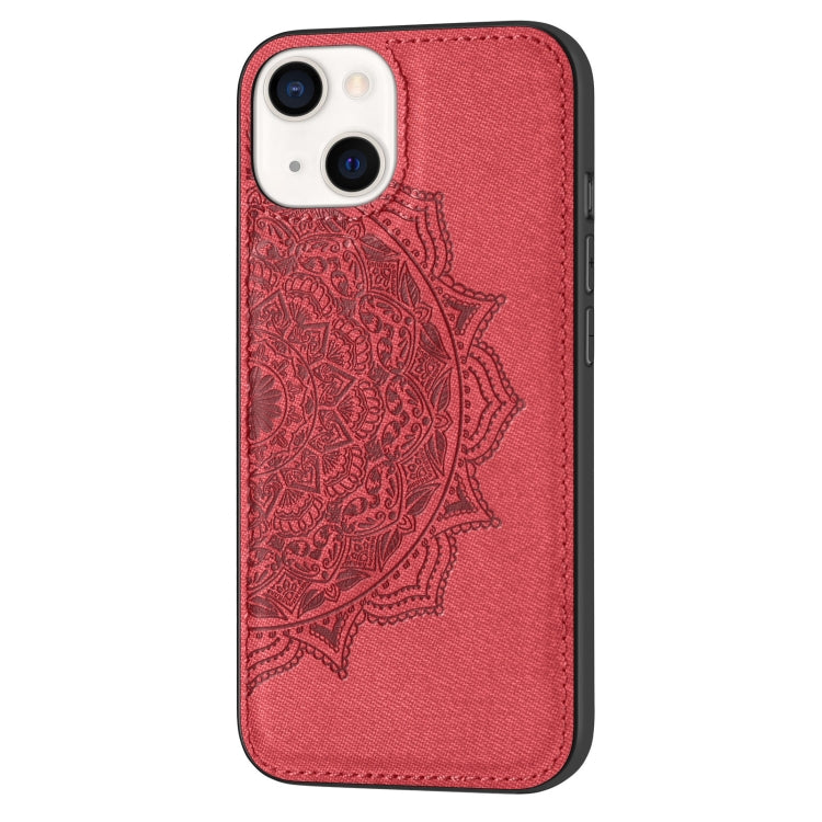 For iPhone 13 Mandala Embossed Cloth Cover PC + TPU Case with Magnetic Function and Hand Strap