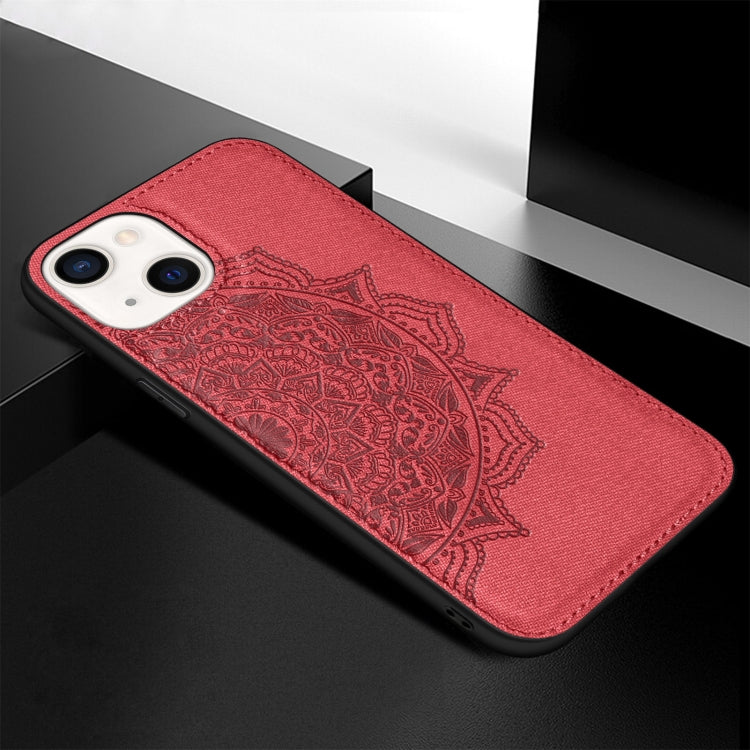 For iPhone 13 Mandala Embossed Cloth Cover PC + TPU Case with Magnetic Function and Hand Strap