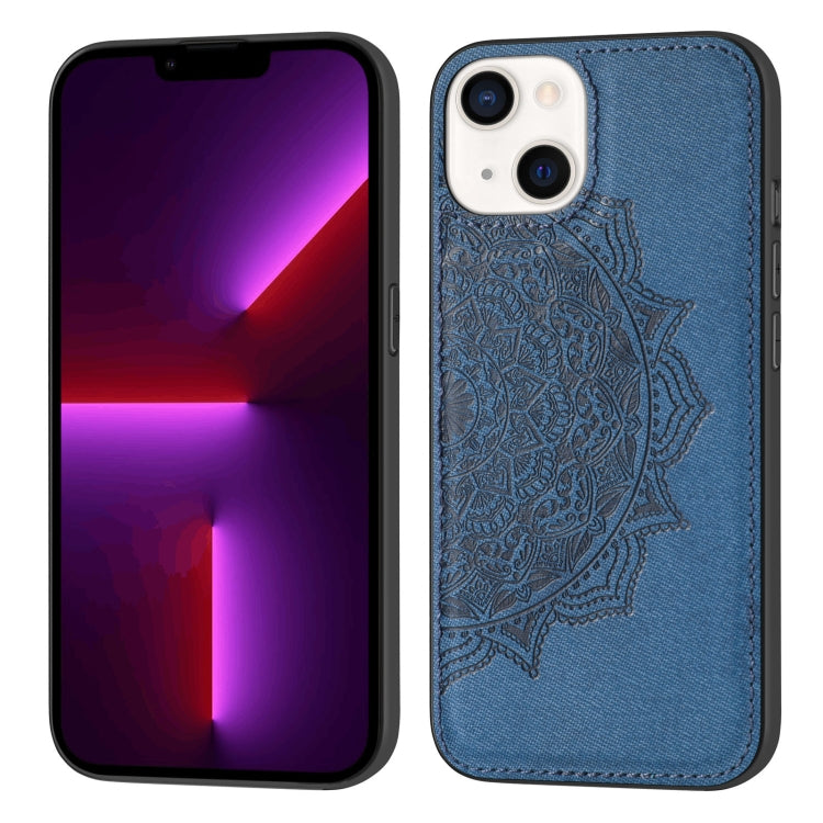 For iPhone 13 Mandala Embossed Cloth Cover PC + TPU Case with Magnetic Function and Hand Strap