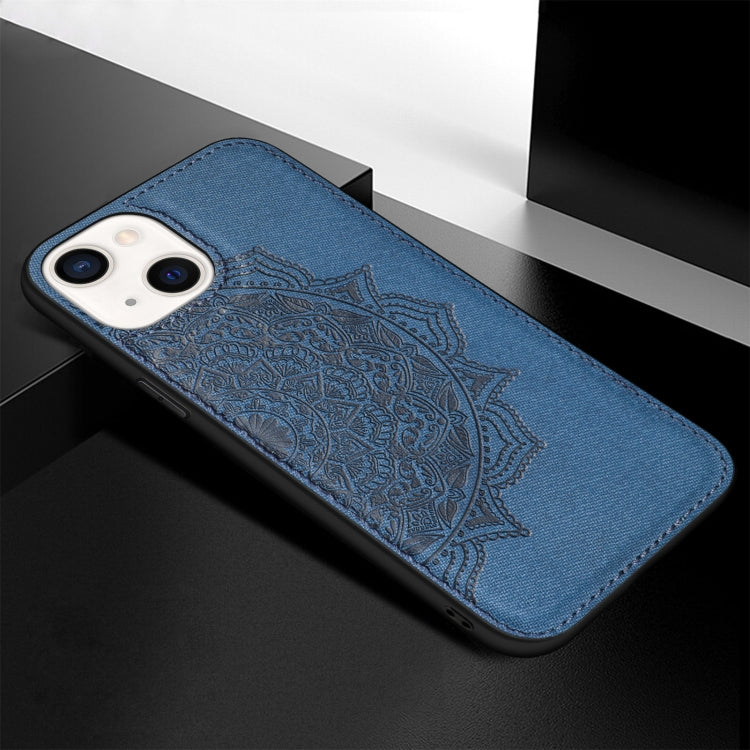 For iPhone 13 Mandala Embossed Cloth Cover PC + TPU Case with Magnetic Function and Hand Strap