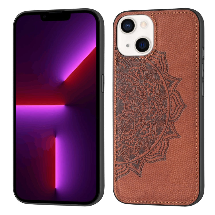 For iPhone 13 Mandala Embossed Cloth Cover PC + TPU Case with Magnetic Function and Hand Strap