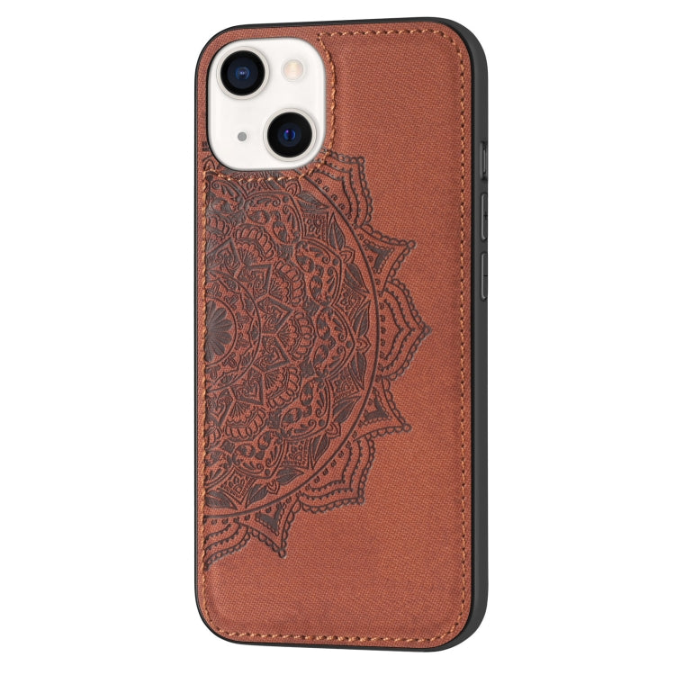 For iPhone 13 Mandala Embossed Cloth Cover PC + TPU Case with Magnetic Function and Hand Strap