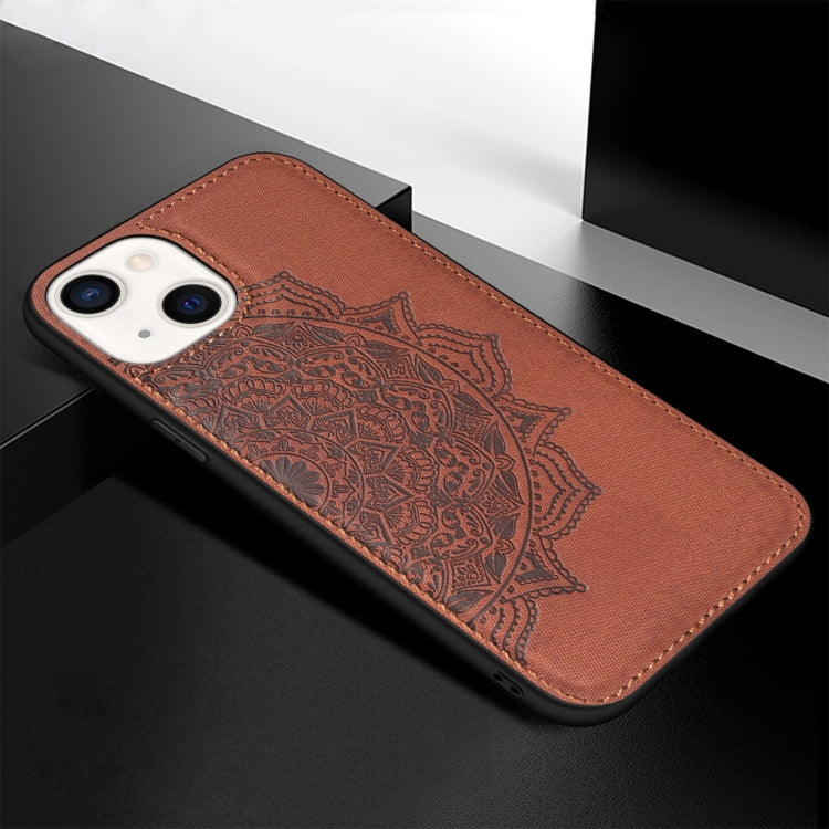 For iPhone 13 Mandala Embossed Cloth Cover PC + TPU Case with Magnetic Function and Hand Strap